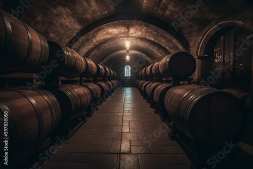 Barrels stored in wine cellar. Generative AI