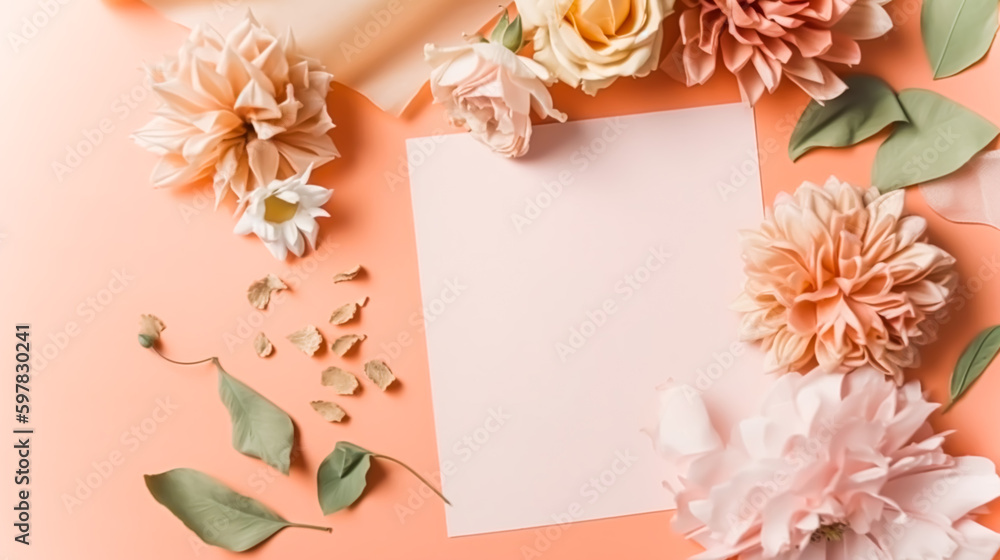 Empty blank paper on coral background with floral and botanical decoration, flowers and blank card copyspace for wedding invitation or holiday mockup flatlay. Generative AI