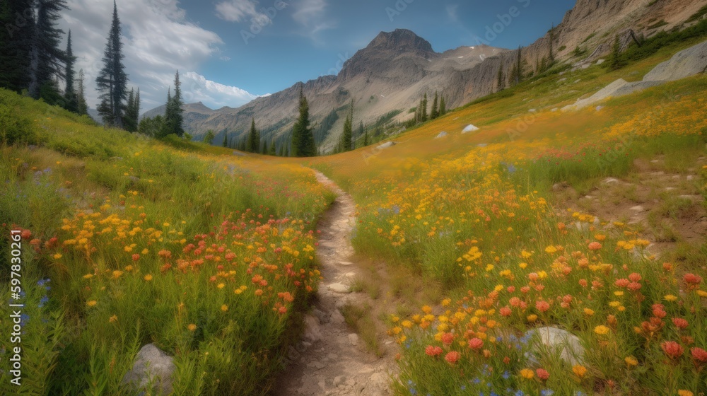 trail leading onto mountains with flowering meadows. Generative AI trail leading onto mountains with flowering meadows. Generative AI