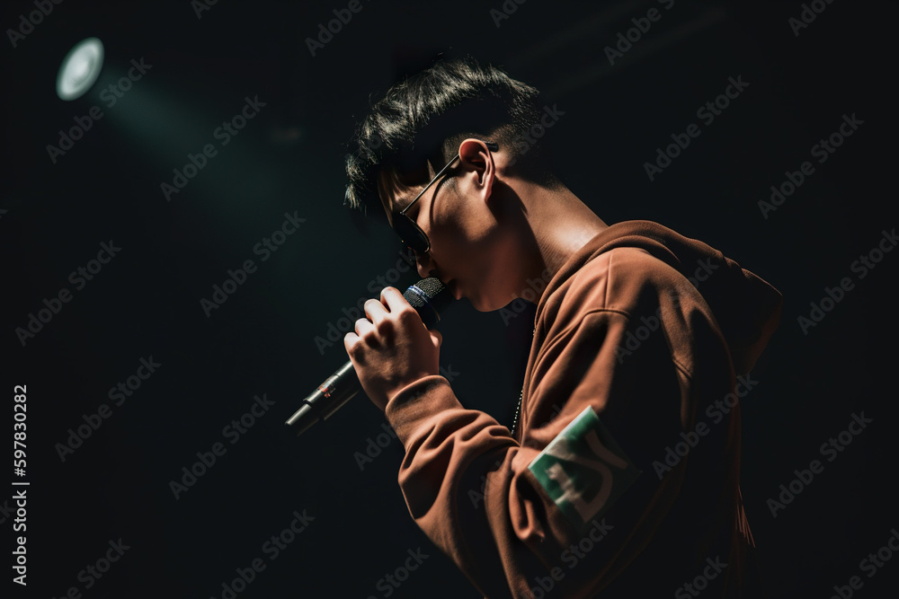 Asian rapper, singer on stage reading rap, dynamic pose, hero angle, AI ...