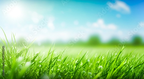 Beautiful green grass and sunny meadow, blue sky in spring or summer. Generative AI