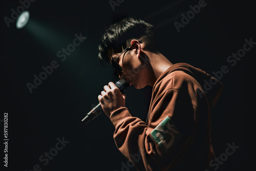 Asian rapper, singer on stage reading rap, dynamic pose, hero angle, AI generative illustration