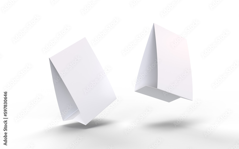 Floating Paper Table Tent 3D Render Illustration for mockup or graphic asset use, isolated on a white background with copy space. Floating Paper Table Tent 3D Render Illustration for mockup or graphic asset use, isolated on a white background with copy space.