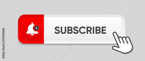 Subscribe button Bell, notification icon button and hand cursor click. Red button subscribe to channel social media, marketing, blog. Vector illustration for website, mobile app, UI UX. EPS 10