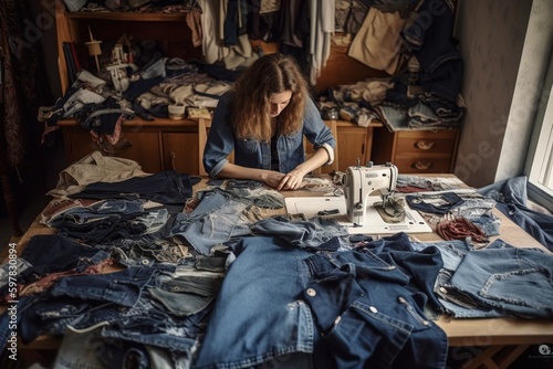 Mid-angle shot of a woman sewing together old jeans to create a one-of-a-kind denim quilt, surrounded by fabric scraps and sewing supplies. Generative AI
