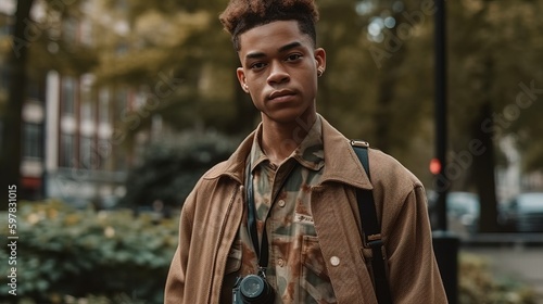 Stylish young man wearing a thrifted outfit, showcasing how second-hand clothing can be fashionable and sustainable. Generative AI