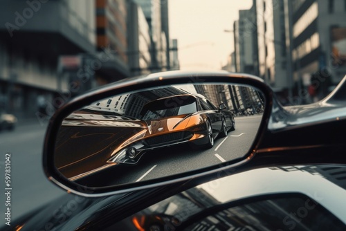 Futuristic cityscape reflected in car's rear mirror. Generative AI