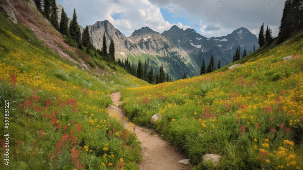trail leading onto mountains with flowering meadows. Generative AI trail leading onto mountains with flowering meadows. Generative AI