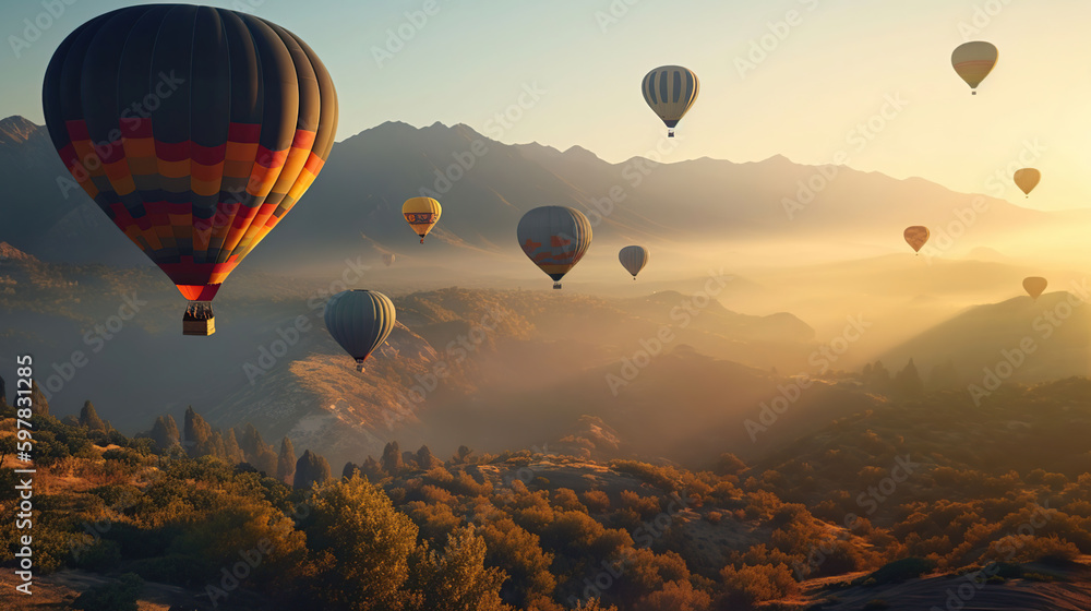 Colorful hot air balloons flying above high mountain at beautiful sunrise, generative ai