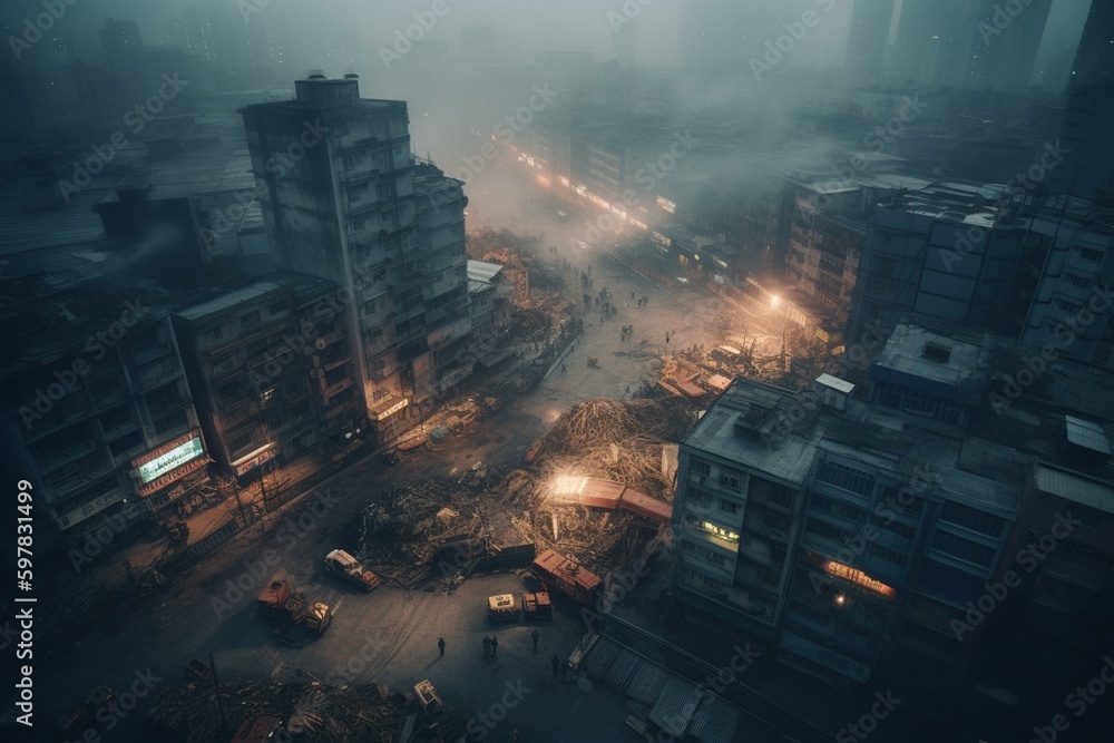 A polluted metropolis with smog, litter and traffic congestion as issues. Generative AI