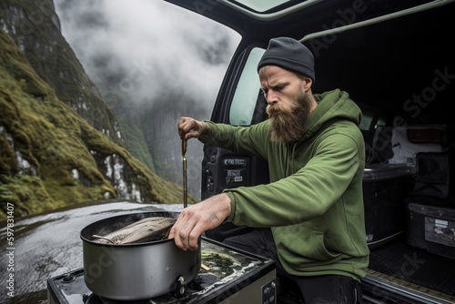 A van lifer cooking a meal on a portable stove outside their van, surrounded by a breathtaking mountain landscape. Generative AI photo