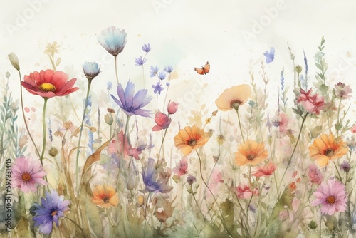 Watercolor floral summer meadow border for cards, banners, and designs. Seamless pattern available. Isolated on white. Cute. Generative AI