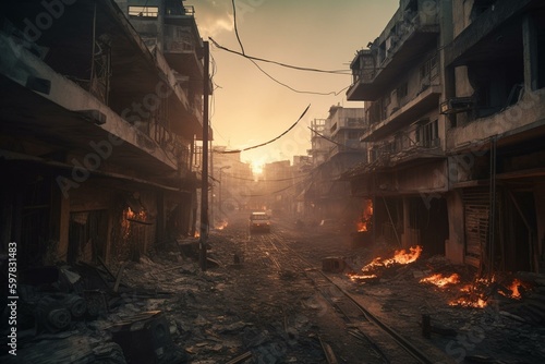 Destroyed city with burning streets, aftermath of war or apocalypse. Generative AI