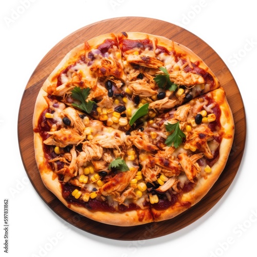 BBQ Chicken pizza Top View Isolated on White. Generative AI