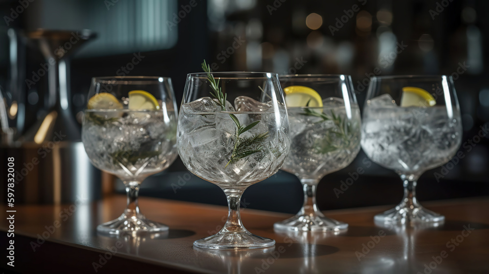 Fototapeta premium Glasses of cold gin tonic on table in bar with black baground, generative ai