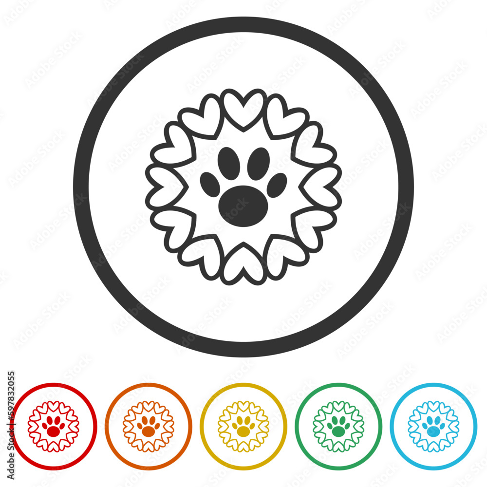 Animal love symbol paw print with heart. Set icons in color circle buttons Animal love symbol paw print with heart. Set icons in color circle buttons