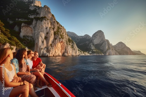 A family on a guided boat tour, exploring a beautiful coastline with dramatic cliffs and crystal-clear waters. Generative AI
