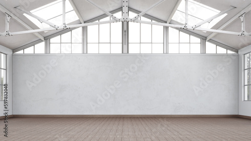 Empty, loft industrial interior. White walls and big windows. Interior warehouse concept background . 3d Render