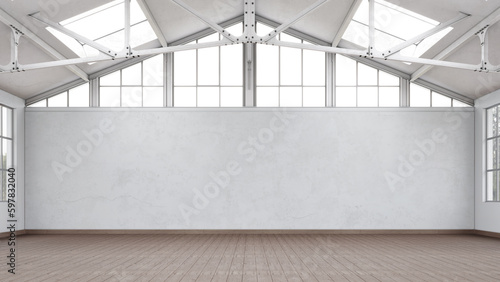 Fototapeta Naklejka Na Ścianę i Meble -  Empty, loft industrial interior. White walls and big windows. Interior warehouse concept background . 3d Render