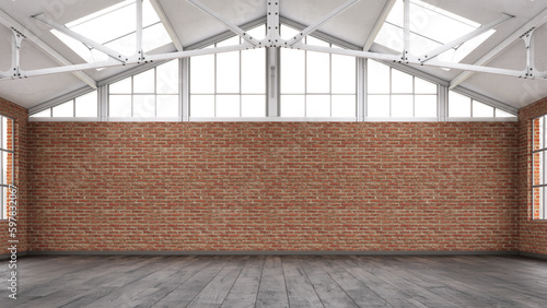 Fototapeta Naklejka Na Ścianę i Meble -  Empty, loft industrial interior. Brick walls and big windows. Interior warehouse concept background . 3d Render