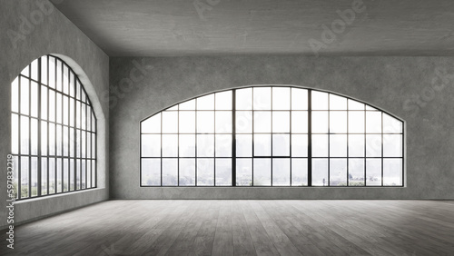 Empty, loft industrial interior. Big windows and concrete walls, floor. Interior concept background . 3d Render