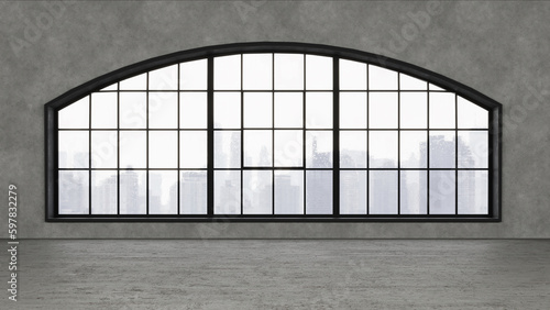 Empty  loft industrial interior. Concrete walls  floor and big windows. Interior concept background . 3d Render
