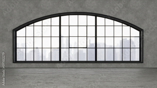 Empty, loft industrial interior. Concrete walls, floor and big windows. Interior concept background . 3d Render