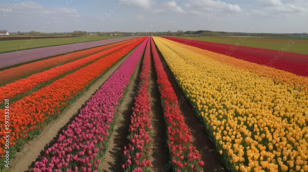Colorful open field with beautiful tulips. Generative AI Colorful open field with beautiful tulips. Generative AI