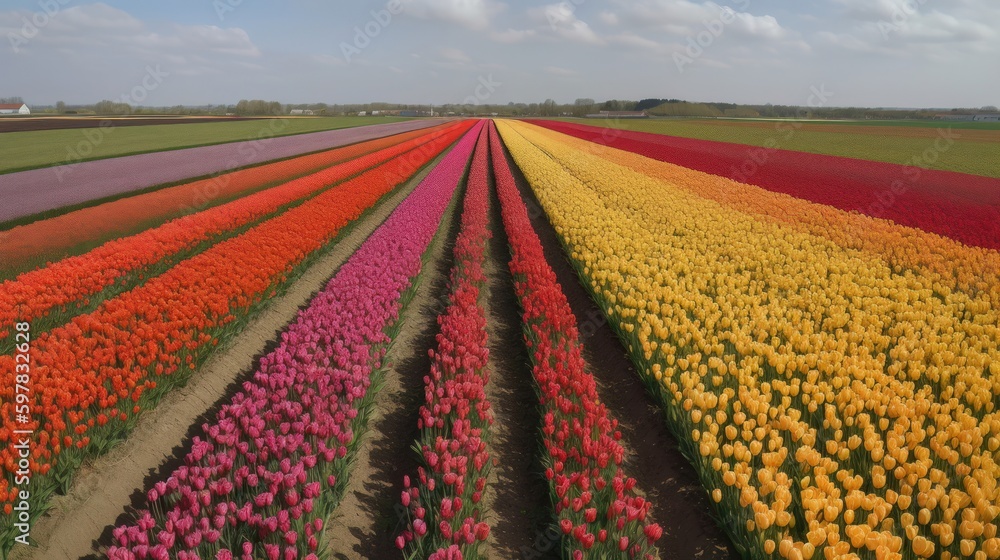 Colorful open field with beautiful tulips. Generative AI