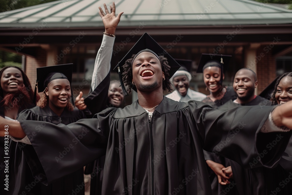 Obraz premium Young male graduate, wearing his cap and gown, tossing his mortarboard into the air in a triumphant gesture. Generative AI