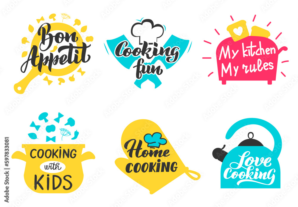 Obraz premium Cooking lettering labels. Kitchen utensils and accessories for culinary master class, restaurant or cafe stickers