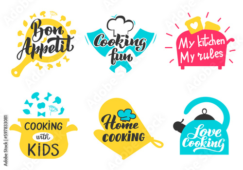Cooking lettering labels. Kitchen utensils and accessories for culinary master class, restaurant or cafe stickers