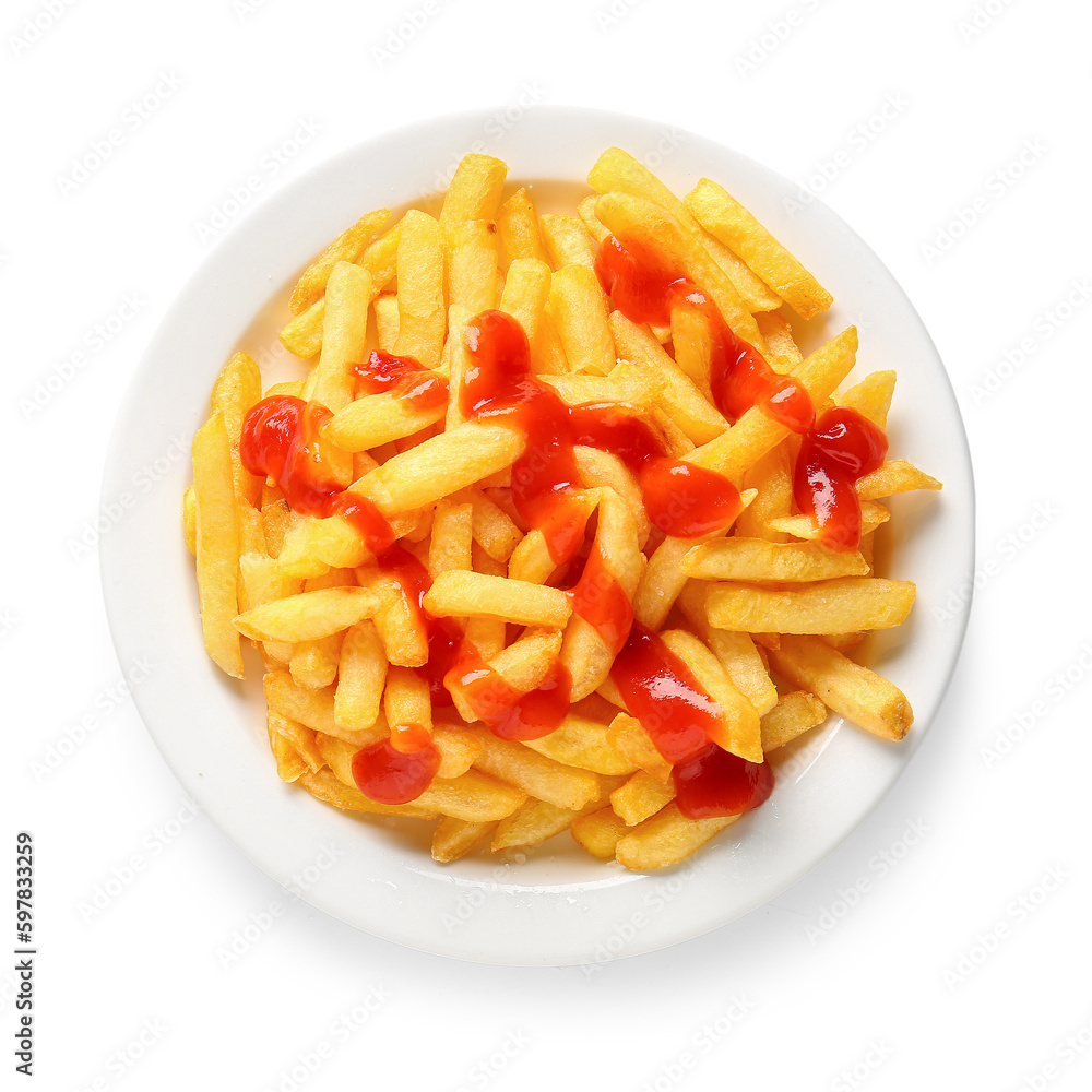 Plate of tasty french fries and ketchup isolated on white background Plate of tasty french fries and ketchup isolated on white background