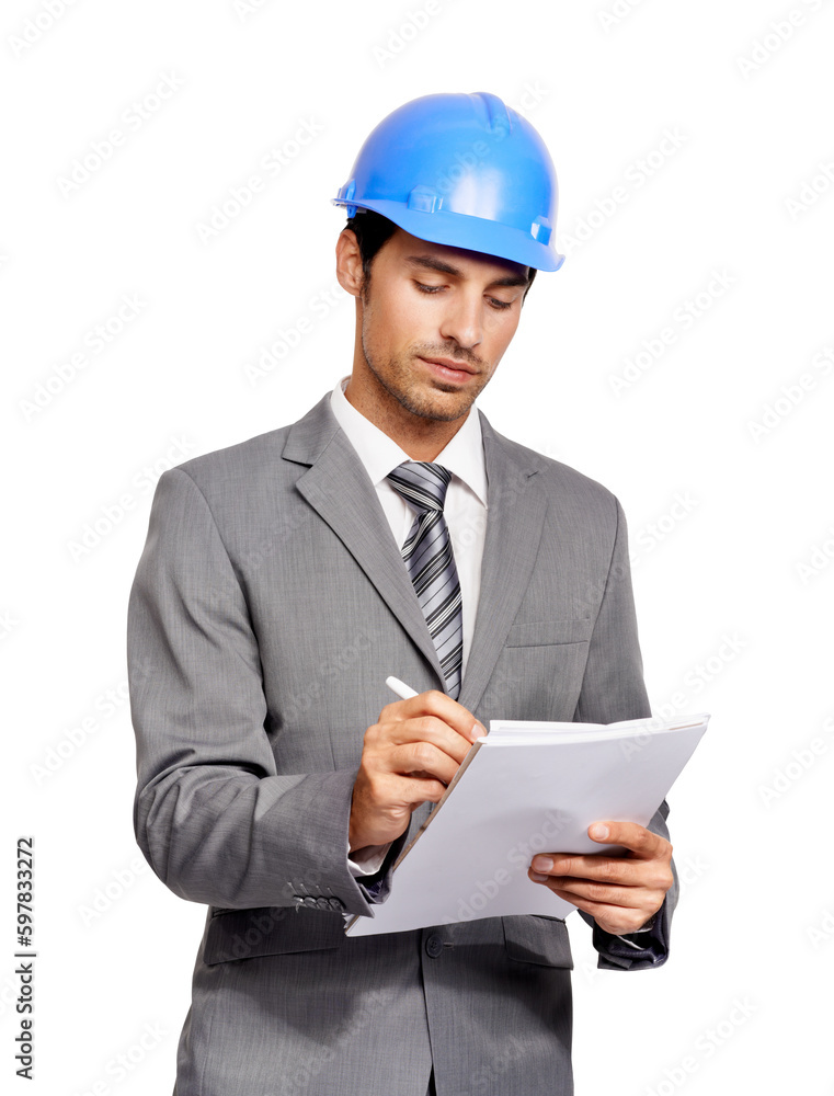 Engineering, business man and paperwork isolated on a transparent, png background for compliance check or inspection. Architecture, floor plan and writing of contractor or professional person in suit Engineering, business man and paperwork isolated on a transparent, png background for compliance check or inspection. Architecture, floor plan and writing of contractor or professional person in suit