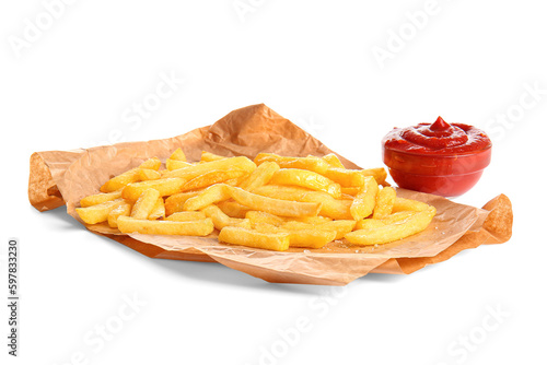 Baking paper with tasty french fries and ketchup on white background