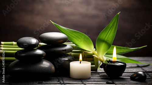 Spa still life with stacked of stone, flower and bamboo leaf, generative ai