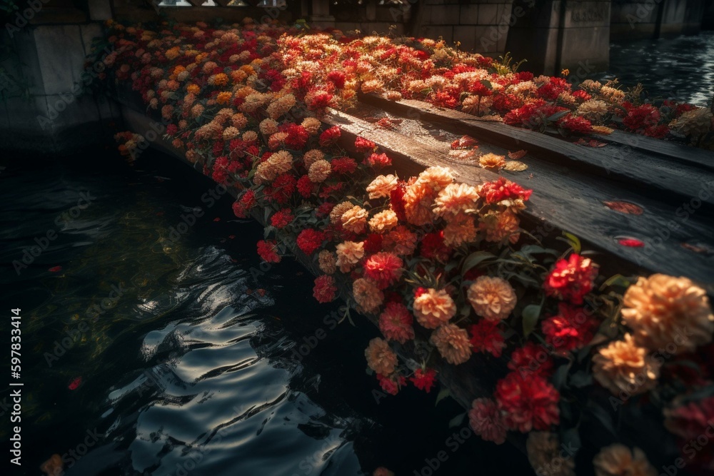 Flowers adorn water bridge. Generative AI