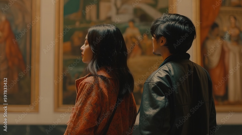 Fototapeta premium A couple exploring a famous art museum with an audio guide, admiring a famous painting together. Generative AI