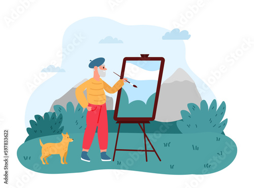 Elderly people hobby. Senior people retirement and engage in creative activities, painting outdoors