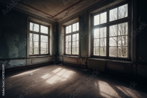 An empty room with a sliding window closed. Generative AI