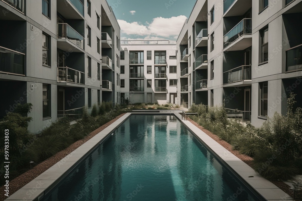 New housing complex featuring a pool. Generative AI