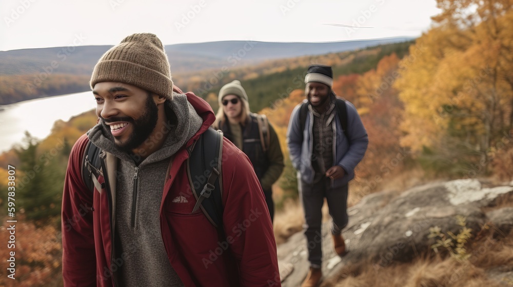 A diverse group of friends hiking on a scenic mountain trail, enjoying the fresh air and natural surroundings. Generative AI