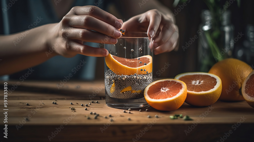 Woman pouring drink with chia seeds into glass, generative ai Woman pouring drink with chia seeds into glass, generative ai