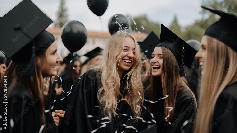 Obraz premium Medium shot of a group of graduates dancing and laughing together, surrounded by balloons and confetti, in a post-ceremony celebration. Generative AI