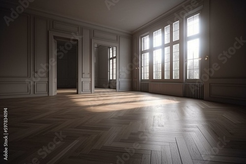 An empty room with a birch parquet floor. Generative AI