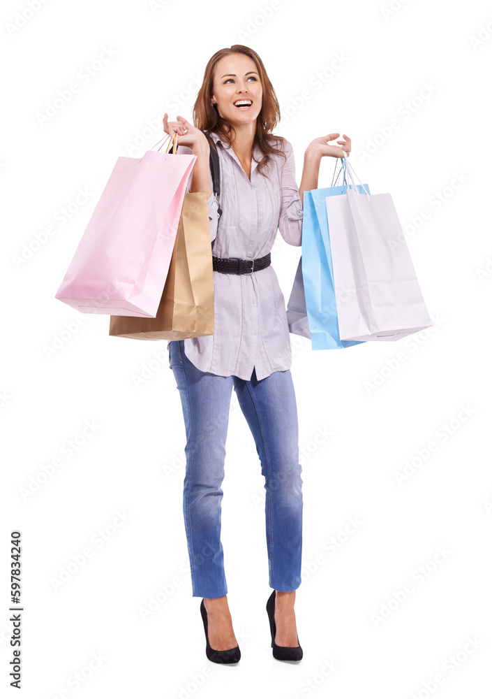 Shopping bag, thinking and happy woman isolated on transparent, png background of fashion ideas, discount or sales. Wealth, inspiration and customer or person smile for present, giveaway or gift bags