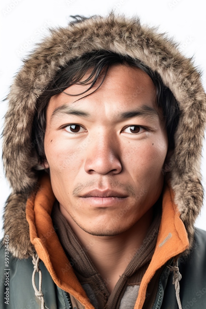 Young Nenet man head shot portrait over white background. Generative AI vertical shot Young Nenet man head shot portrait over white background. Generative AI vertical shot