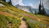 trail leading onto mountains with flowering meadows. Generative AI