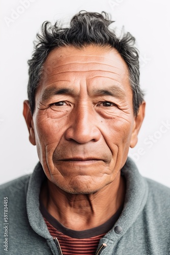 Senior Navajo man head shot portrait. White background. Generative AI vertical shot