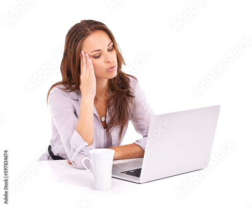 Stress, headache and woman on computer isolated on transparent, png background for anxiety, burnout or pain. Brain fog, problem or fatigue business person with a fail for mental health on laptop